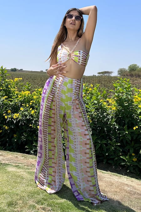 Buy_Nirmooha_Multi Color Chiffon Geometric Print Flared Pant 