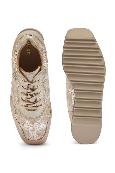 Shop Anaar Gold Cinnamon Sugar Embroidered Wedge Sneakers at Aza Fashions Shop_Anaar_Gold Cinnamon Sugar Embroidered Wedge Sneakers _at_Aza_Fashions