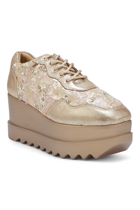 Anaar Gold Cinnamon Sugar Embroidered Wedge Sneakers Online at Aza Fashions Anaar_Gold Cinnamon Sugar Embroidered Wedge Sneakers _Online_at_Aza_Fashions