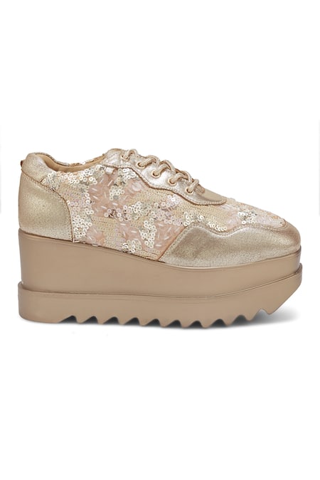 Buy Anaar Gold Cinnamon Sugar Embroidered Wedge Sneakers Online at Aza Fashions Buy_Anaar_Gold Cinnamon Sugar Embroidered Wedge Sneakers _Online_at_Aza_Fashions