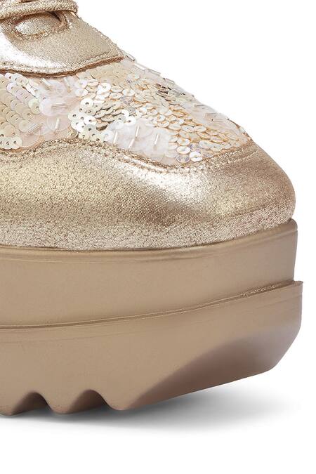 Shop Anaar Gold Cinnamon Sugar Embroidered Wedge Sneakers Online at Aza Fashions Shop_Anaar_Gold Cinnamon Sugar Embroidered Wedge Sneakers _Online_at_Aza_Fashions