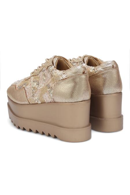 Anaar Gold Cinnamon Sugar Embroidered Wedge Sneakers at Aza Fashions Anaar_Gold Cinnamon Sugar Embroidered Wedge Sneakers _at_Aza_Fashions