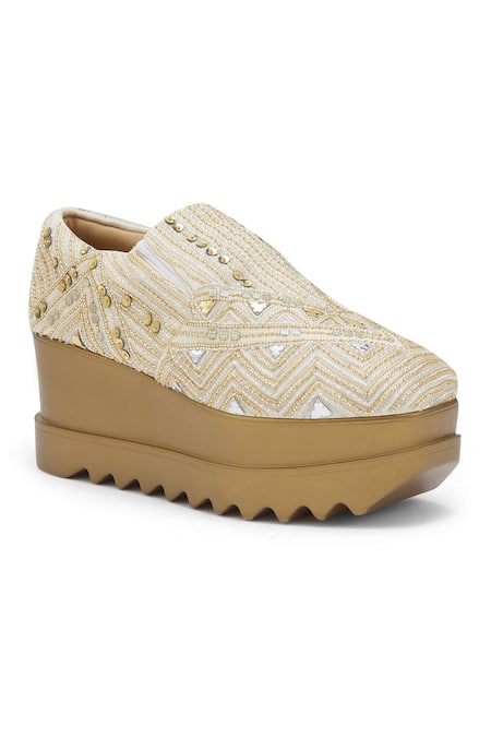 Anaar Off White Art Deco Embroidered Wedge Sneakers Online at Aza Fashions Anaar_Off White Art Deco Embroidered Wedge Sneakers _Online_at_Aza_Fashions