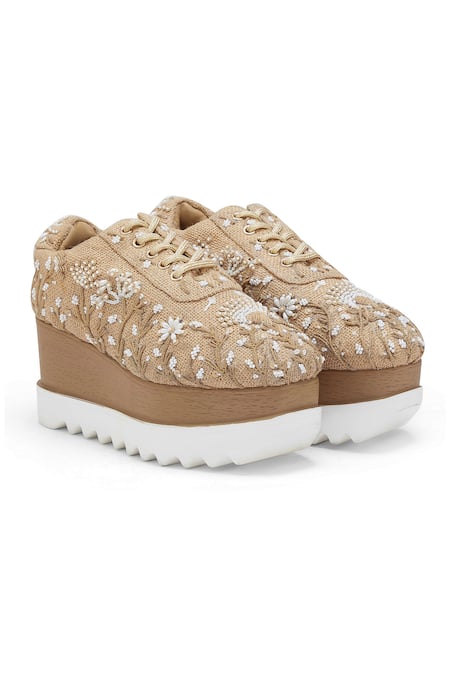 Anaar Beige Dandelion Embroidered Wedge Sneakers 