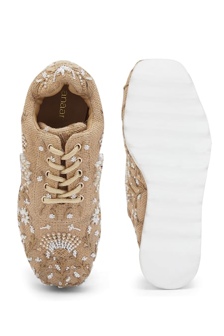 Shop Anaar Beige Dandelion Embroidered Wedge Sneakers at Aza Fashions Shop_Anaar_Beige Dandelion Embroidered Wedge Sneakers _at_Aza_Fashions