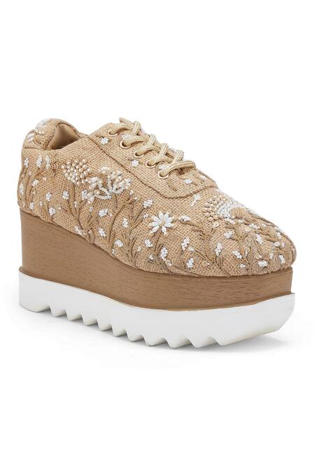 Anaar Beige Dandelion Embroidered Wedge Sneakers Online at Aza Fashions Anaar_Beige Dandelion Embroidered Wedge Sneakers _Online_at_Aza_Fashions