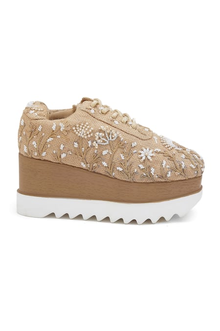 Buy Anaar Beige Dandelion Embroidered Wedge Sneakers Online at Aza Fashions Buy_Anaar_Beige Dandelion Embroidered Wedge Sneakers _Online_at_Aza_Fashions