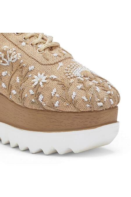 Shop Anaar Beige Dandelion Embroidered Wedge Sneakers Online at Aza Fashions Shop_Anaar_Beige Dandelion Embroidered Wedge Sneakers _Online_at_Aza_Fashions