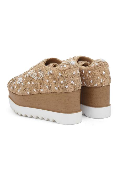Anaar Beige Dandelion Embroidered Wedge Sneakers at Aza Fashions Anaar_Beige Dandelion Embroidered Wedge Sneakers _at_Aza_Fashions
