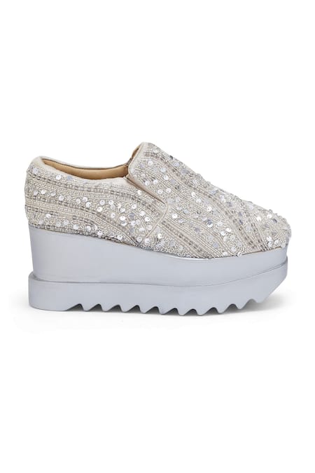 Buy_Anaar_Silver Kaju Katli Embroidered Wedge Sneakers _Online_at_Aza_Fashions