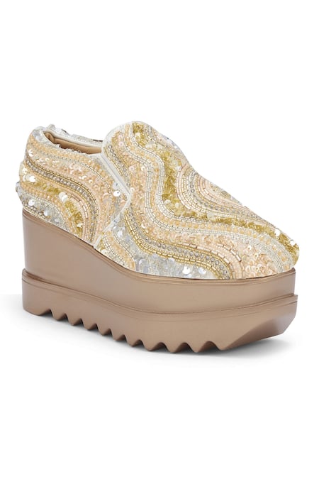 Anaar_Gold Embroidery Electric Feel Wedge Sneakers_Online_at_Aza_Fashions