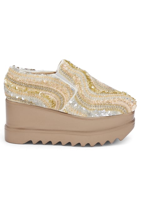 Buy_Anaar_Gold Embroidery Electric Feel Wedge Sneakers_Online_at_Aza_Fashions