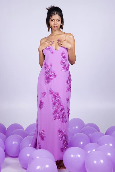 Shop_Nirmooha_Purple Microfiber Embroidery Plunge Neck Floral Slit Dress _Online_at_Aza_Fashions