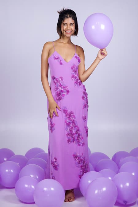 Nirmooha_Purple Microfiber Embroidery Plunge Neck Floral Slit Dress _at_Aza_Fashions