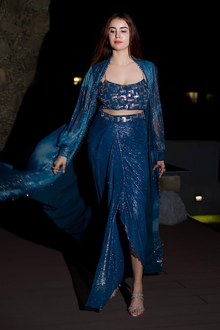 Shop_Nirmooha_Blue Lurex Sequins, Embroidery Square Neck Blotch Print Cape And Draped Skirt Set _Online_at_Aza_Fashions