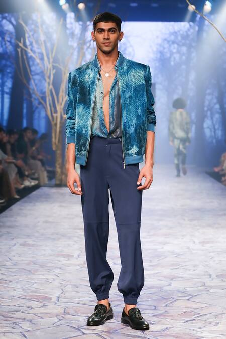 Buy_Nirmooha_Blue Velvet Embroidery Printed Bomber Jacket 
