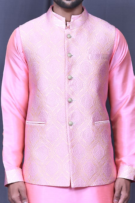 Buy_Arihant Rai Sinha_Pink Jacquard Embroidery Bloom Emboss Art Bundi_Online_at_Aza_Fashions