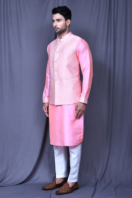 Shop_Arihant Rai Sinha_Pink Jacquard Embroidery Bloom Emboss Art Bundi_Online_at_Aza_Fashions