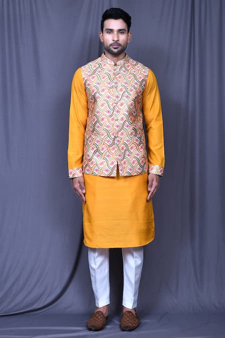 Arihant Rai Sinha_Multi Color Jacquard Embroidery Bloom Swirl Print Sleeveless Bundi_Online_at_Aza_Fashions