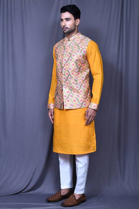 Shop_Arihant Rai Sinha_Multi Color Jacquard Embroidery Bloom Swirl Print Sleeveless Bundi_Online_at_Aza_Fashions