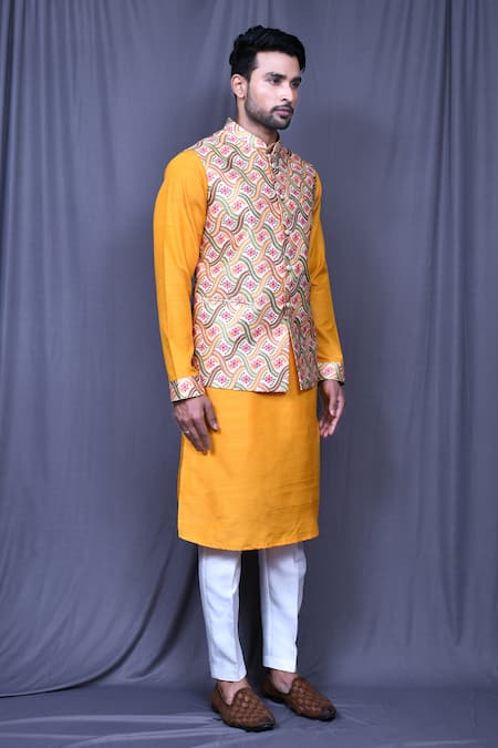 Arihant Rai Sinha_Multi Color Jacquard Embroidery Bloom Swirl Print Sleeveless Bundi_at_Aza_Fashions