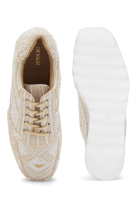 Shop Anaar White Sequins, Beads Latte Folk Embroidered Wedge Sneakers at Aza Fashions Shop_Anaar_White Sequins, Beads Latte Folk Embroidered Wedge Sneakers _at_Aza_Fashions