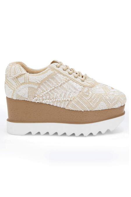 Buy Anaar White Sequins, Beads Latte Folk Embroidered Wedge Sneakers Online at Aza Fashions Buy_Anaar_White Sequins, Beads Latte Folk Embroidered Wedge Sneakers _Online_at_Aza_Fashions