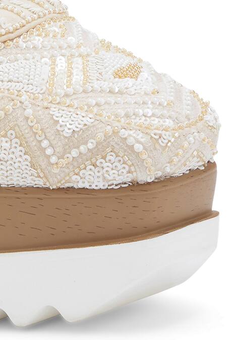 Shop Anaar White Sequins, Beads Latte Folk Embroidered Wedge Sneakers Online at Aza Fashions Shop_Anaar_White Sequins, Beads Latte Folk Embroidered Wedge Sneakers _Online_at_Aza_Fashions
