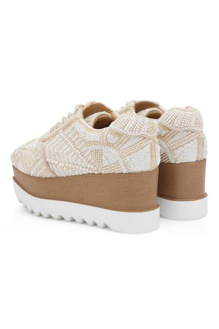 Anaar White Sequins, Beads Latte Folk Embroidered Wedge Sneakers at Aza Fashions Anaar_White Sequins, Beads Latte Folk Embroidered Wedge Sneakers _at_Aza_Fashions
