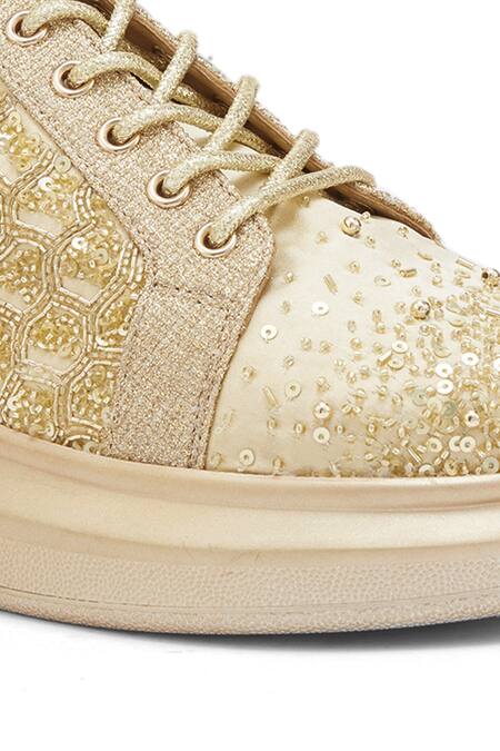 Shop_Anaar_Gold Phooljhadi Embroidered Sneakers _Online_at_Aza_Fashions