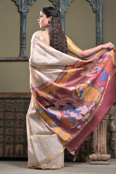 Shop Dusala Multi Color Gingham Chamunda Figurine Woven Saree With Running Blouse at Aza Fashions Shop_Dusala_Multi Color Gingham Chamunda Figurine Woven Saree With Running Blouse _at_Aza_Fashions