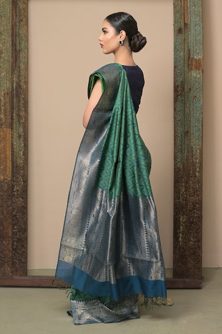 Shop_Dusala_Green Embroidery Brahmi Floral Woven Saree With Running Blouse _at_Aza_Fashions