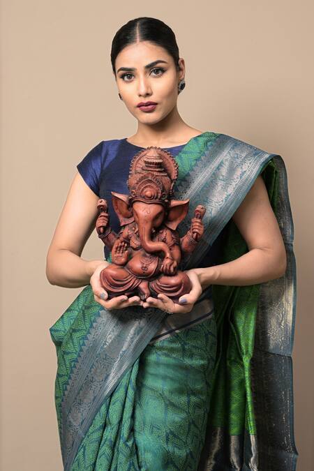 Dusala_Green Embroidery Brahmi Floral Woven Saree With Running Blouse _Online_at_Aza_Fashions