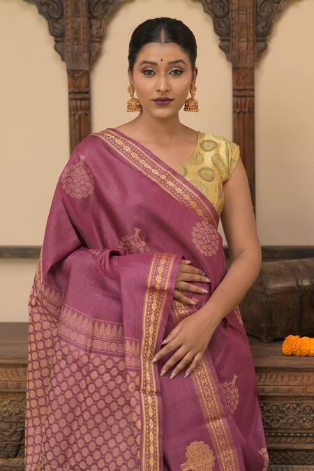 Dusala_Purple Spandex Embroidery Ameyaa Handwoven Saree With Running Blouse_Online_at_Aza_Fashions