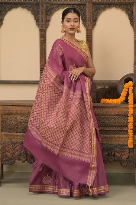 Buy_Dusala_Purple Spandex Embroidery Ameyaa Handwoven Saree With Running Blouse_Online_at_Aza_Fashions