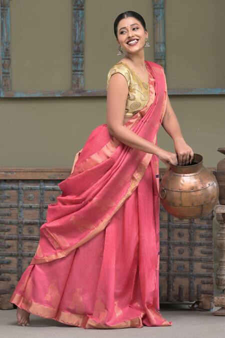 Shop_Dusala_Pink Spandex Embroidery Trinetra Peacock Border Woven Saree With Running Blouse_Online_at_Aza_Fashions