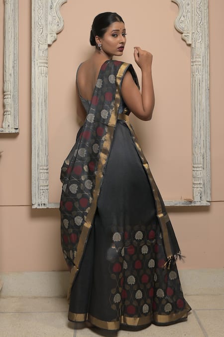 Shop Dusala Multi Color Spandex Muktakesha Floral Jaal Woven Saree With Running Blouse at Aza Fashions Shop_Dusala_Multi Color Spandex Muktakesha Floral Jaal Woven Saree With Running Blouse _at_Aza_Fashions