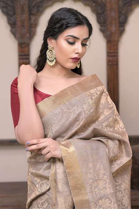 Dusala_Grey Tussar Embroidery Satta Floral Jaal Woven Saree With Running Blouse_Online_at_Aza_Fashions