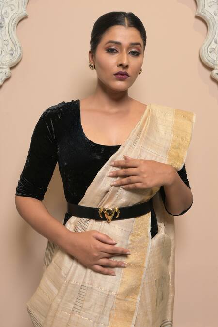 Dusala_Beige Tussar Chitra Checkered Pattern Handwoven Saree With Running Blouse_Online_at_Aza_Fashions