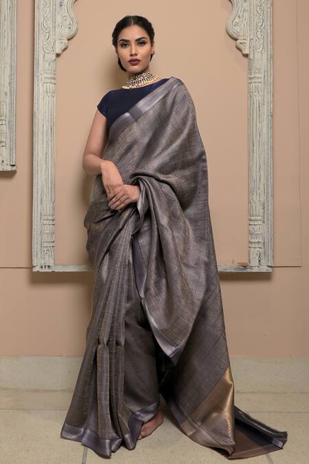 Dusala Blue Tussar Parameshvari Checkered Pattern Handwoven Saree With Running Blouse