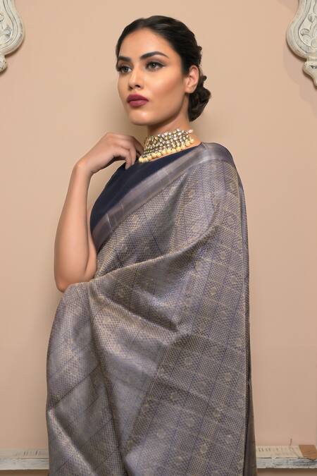 Dusala Blue Tussar Parameshvari Checkered Pattern Handwoven Saree With Running Blouse Online at Aza Fashions Dusala_Blue Tussar Parameshvari Checkered Pattern Handwoven Saree With Running Blouse_Online_at_Aza_Fashions
