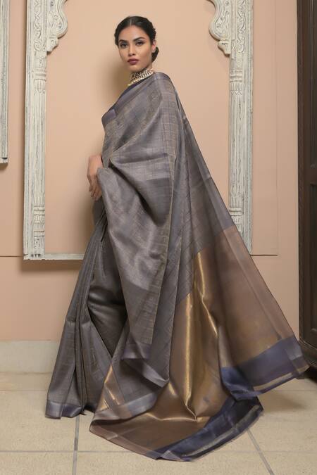 Buy Dusala Blue Tussar Parameshvari Checkered Pattern Handwoven Saree With Running Blouse Online at Aza Fashions Buy_Dusala_Blue Tussar Parameshvari Checkered Pattern Handwoven Saree With Running Blouse_Online_at_Aza_Fashions