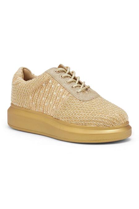 Anaar_Gold Theia Embroidered Sneakers_Online_at_Aza_Fashions