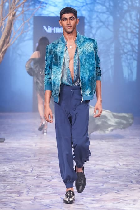 Shop_Nirmooha_Blue Lurex Embroidery Metallic Stripe Pattern Shirt _Online_at_Aza_Fashions