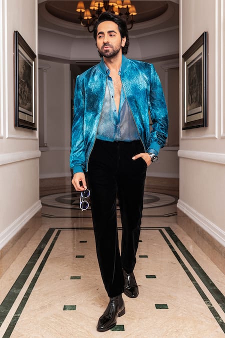 Nirmooha_Blue Lurex Embroidery Metallic Stripe Pattern Shirt _at_Aza_Fashions