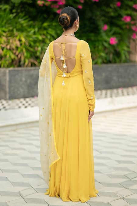 Shop Esha Koul Yellow Georgette, Organza, Linen Embroidery Round Neck Anarkali With Dupatta at Aza Fashions Shop_Esha Koul_Yellow Georgette, Organza, Linen Embroidery Round Neck Anarkali With Dupatta _at_Aza_Fashions