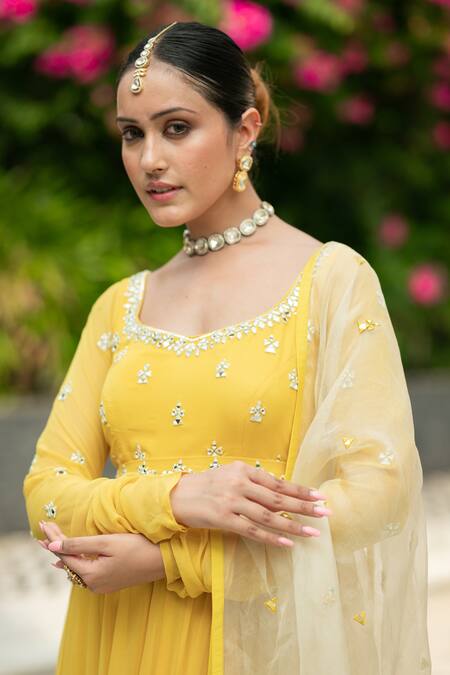 Buy Esha Koul Yellow Georgette, Organza, Linen Embroidery Round Neck Anarkali With Dupatta Online at Aza Fashions Buy_Esha Koul_Yellow Georgette, Organza, Linen Embroidery Round Neck Anarkali With Dupatta _Online_at_Aza_Fashions