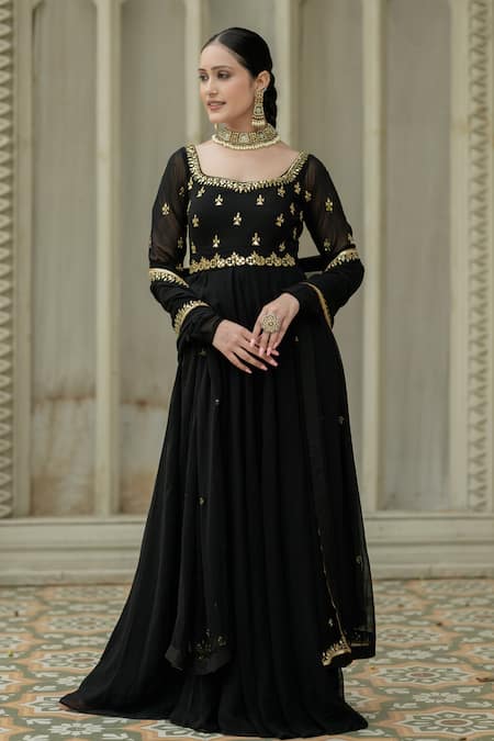 Buy Esha Koul Black Georgette, Organza, Linen Mirrors, Sequins, Anarkali With Dupatta Online at Aza Fashions Buy_Esha Koul_Black Georgette, Organza, Linen Mirrors, Sequins, Anarkali With Dupatta _Online_at_Aza_Fashions