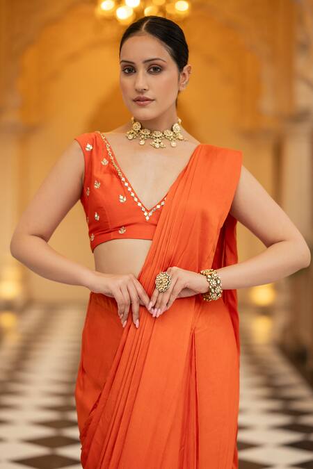 Buy Esha Koul Orange Chanderi, Georgette Mirrors Pre-draped Saree With Embroidered Blouse Online at Aza Fashions Buy_Esha Koul_Orange Chanderi, Georgette Mirrors Pre-draped Saree With Embroidered Blouse _Online_at_Aza_Fashions