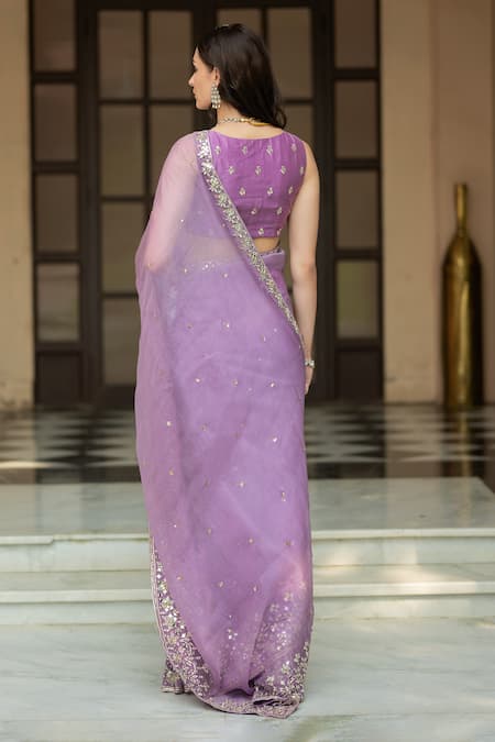 Esha Koul_Purple Organza, Crepe Sequins, Gota Patti, Mirrors Embroiderd Pleated Saree Set _Online_at_Aza_Fashions
